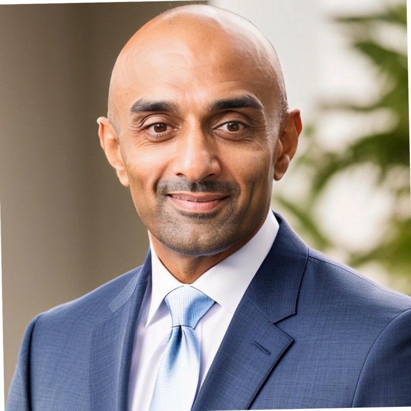 Headshot of a smiling person wearing a blue suit, white collared shirt, and light blue tie against a soft-focus background.