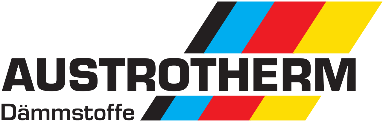 AUSTROTHERM-Logo mit schwarzem Text und diagonalen roten, blauen und gelben Streifen auf weißem Hintergrund