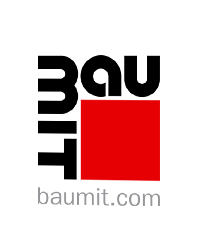 Baumit logo with red and black text, tagline “Fassaden • Putze • Estriche,” and baumit.com URL