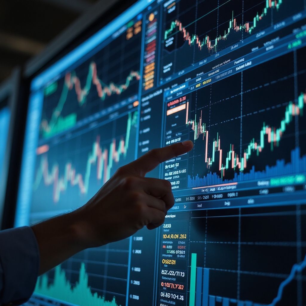 A person's hand pointing at stock charts displayed on a computer screen, with green, red, and blue graphs.