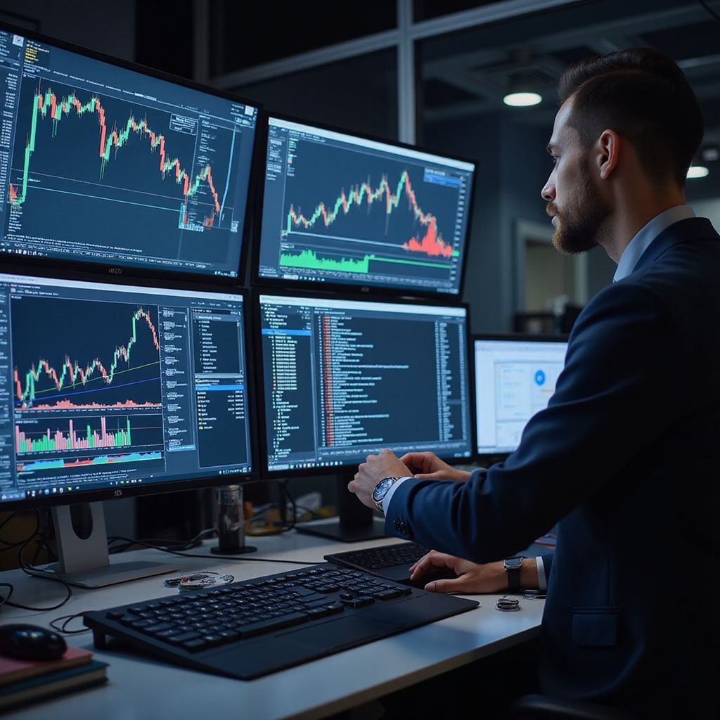 Man in suit analyzing stock charts on multiple computer screens.