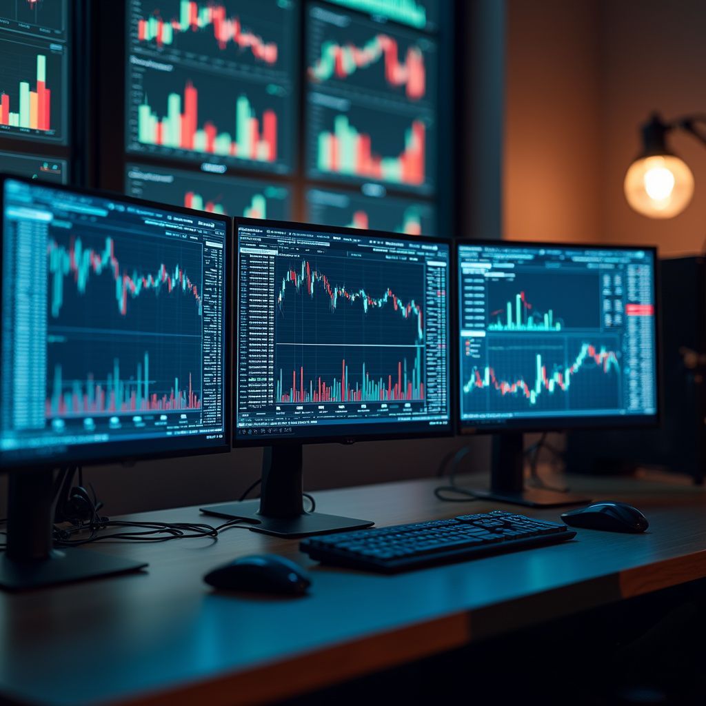 Multiple computer monitors displaying stock market graphs on a desk.