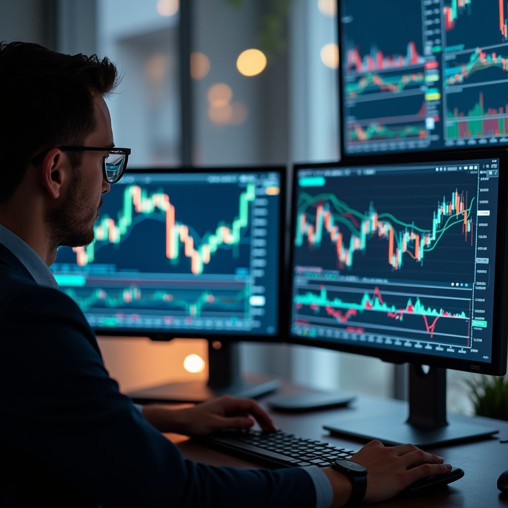 Man looking at multiple computer monitors displaying stock market graphs.
