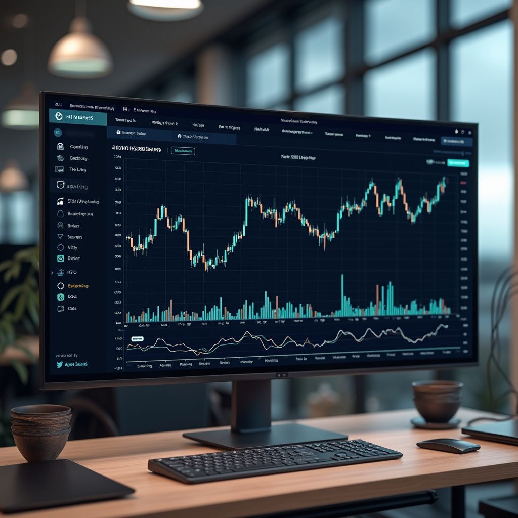 Computer monitor displaying a stock chart with a keyboard and desk in an office setting.