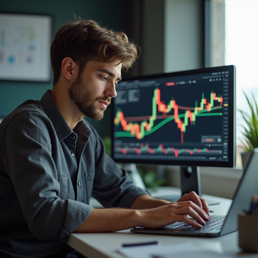 Man using laptop and monitor, analyzing stock market graphs in an office.