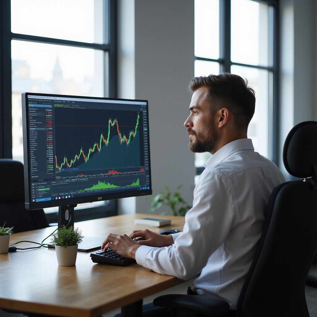 Man at desk, looking at stock market chart on computer monitor in office.
