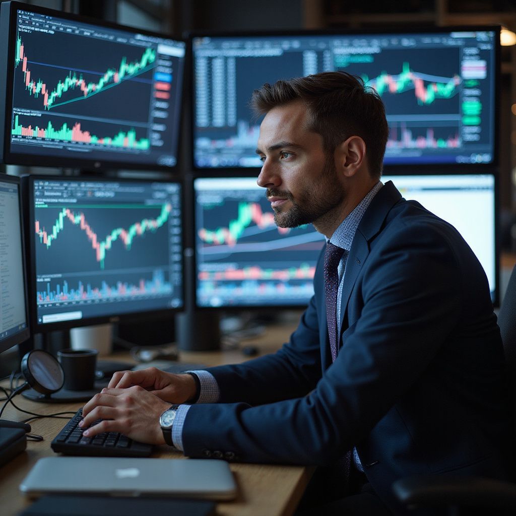 Man in a suit, focused on multiple computer screens displaying stock charts in an office setting.