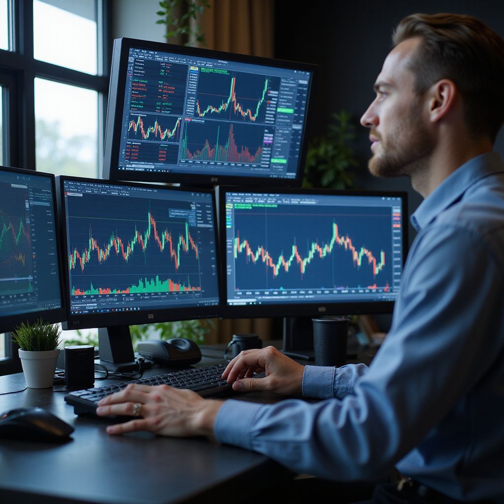 Man in blue shirt analyzes stock charts on multiple computer screens.