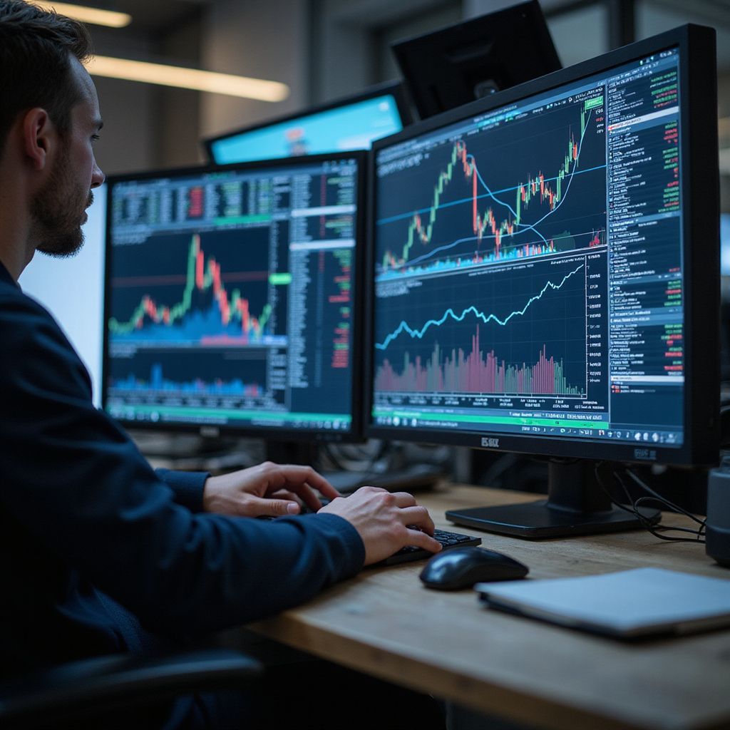 Man analyzing stock charts on multiple computer screens in an office setting.