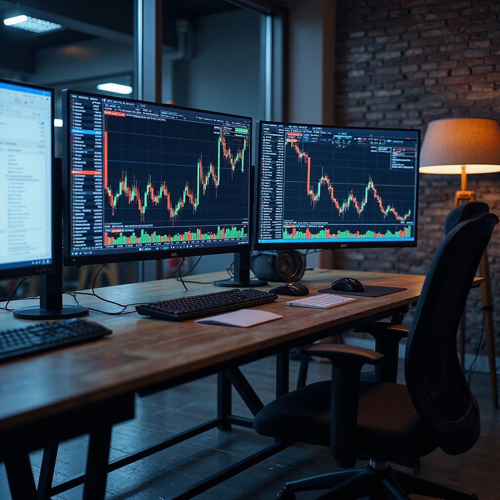 Three computer monitors display stock charts in a dimly lit office. A desk, keyboard, and lamp are also visible.