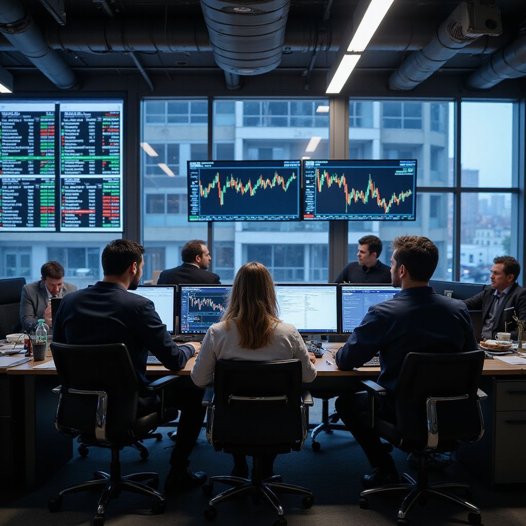 Group of people in an office looking at financial charts on monitors; daylight through windows.