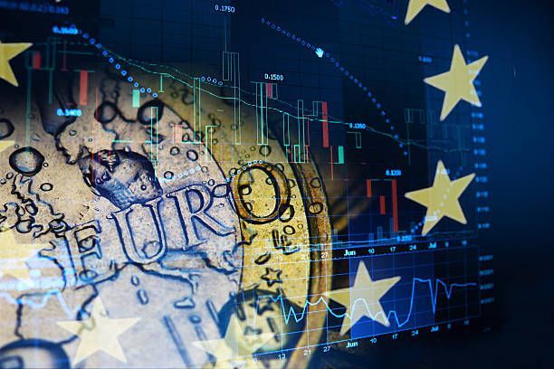 Euro coin overlaid with stock market data and EU flag.