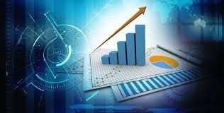 Blue bar graph showing upward trend with orange arrow, over financial charts on a technological background.