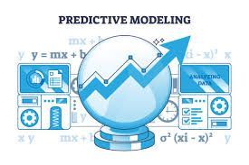 Illustration of predictive modeling with a rising graph inside a crystal ball, surrounded by data elements and equations.