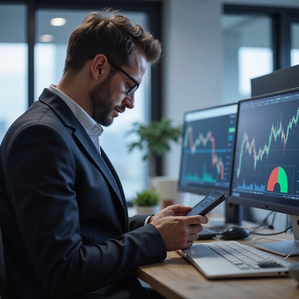 Man in suit looks at phone, monitors with stock charts in office setting.