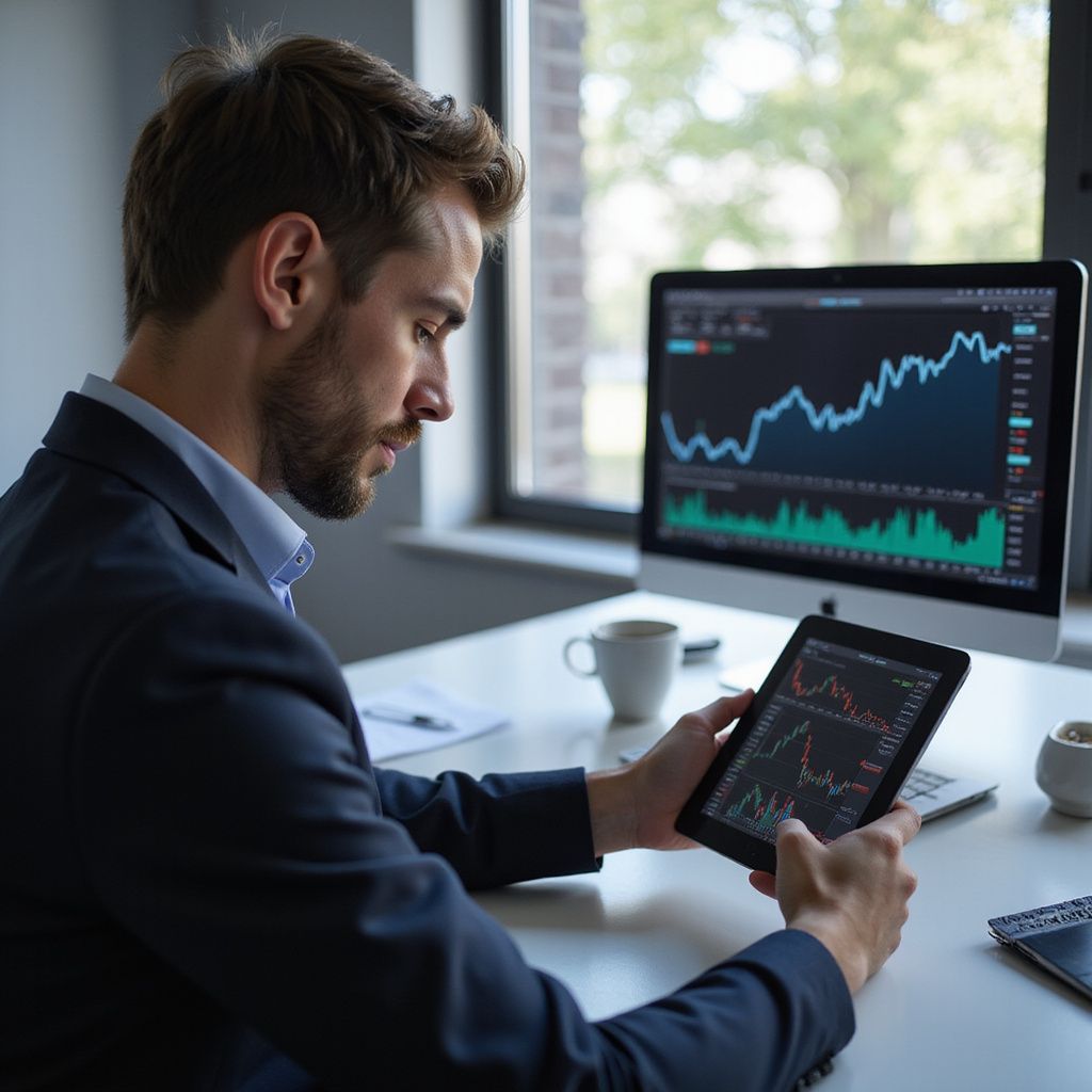 Man in suit analyzes stock charts on tablet and computer.