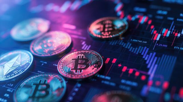Bitcoin and Ethereum coins on a screen displaying a stock chart with red and blue lines.