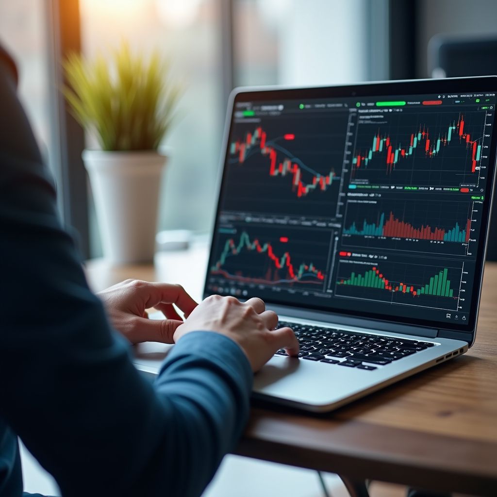 Person in a suit at a desk, using a laptop displaying stock charts.