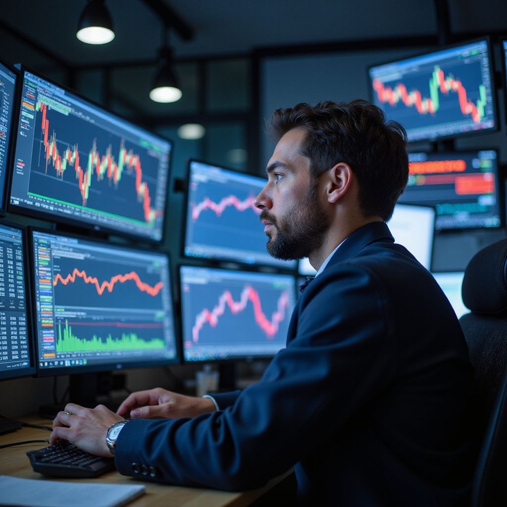 Man in suit monitors financial data on multiple screens in a dark office.
