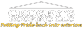 Crosby's Roofing logo with gray house outline and gold slogan: "Putting Pride back into exteriors"