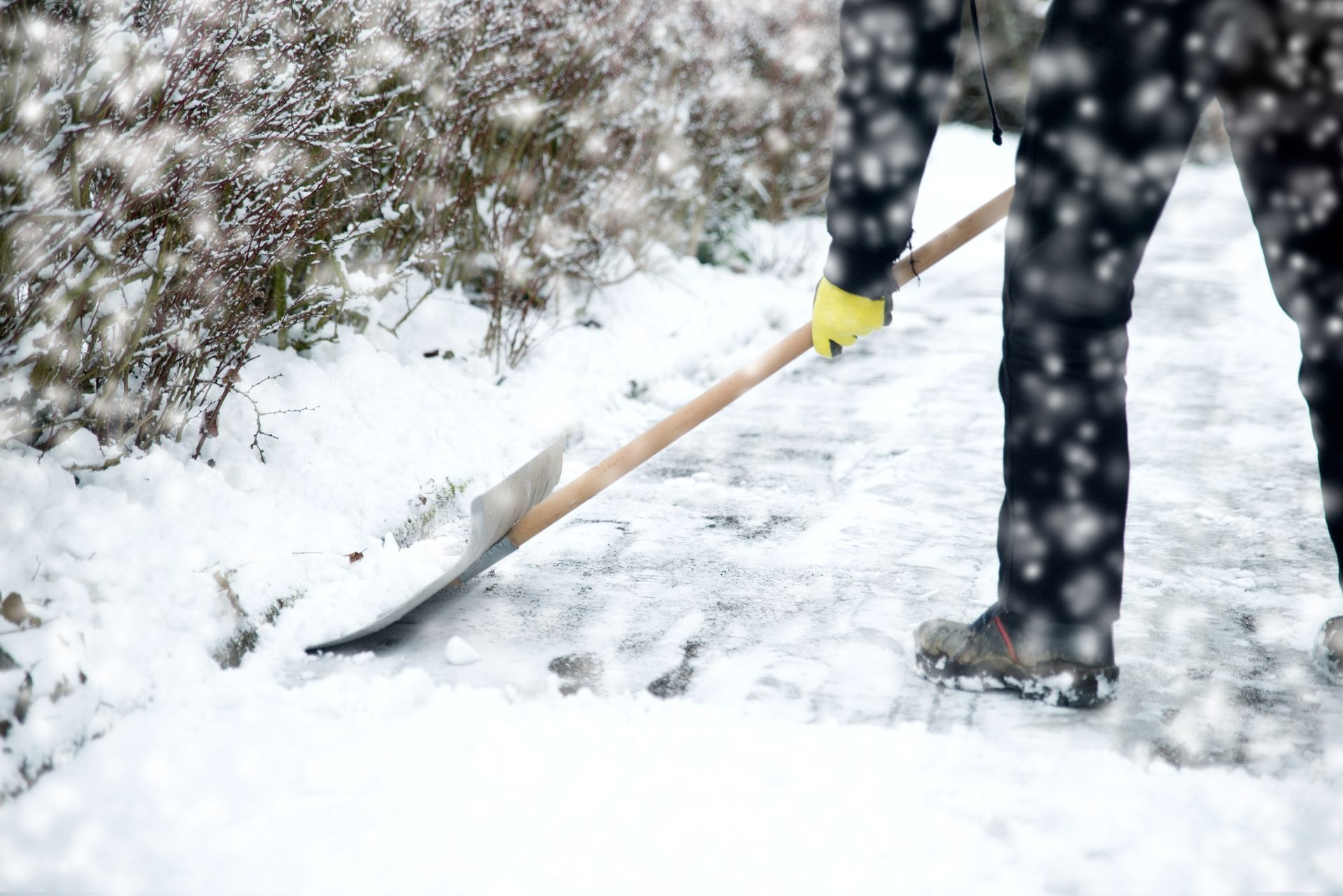 Eine Person schaufelt Schnee von einem Gehweg.