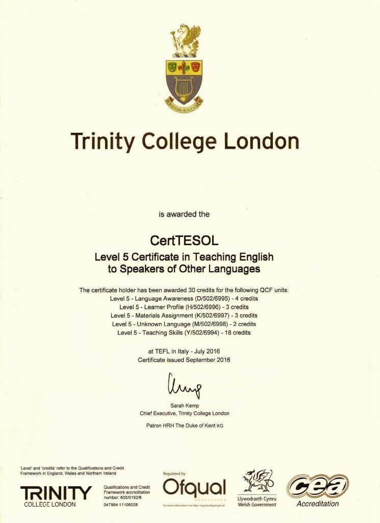 Trinity GESE 倫敦聖三一學院英語口語等級考試官方認可證書範例