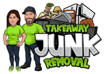 Takeaway Junk Removal logo with two smiling workers beside a junk pile and truck icon