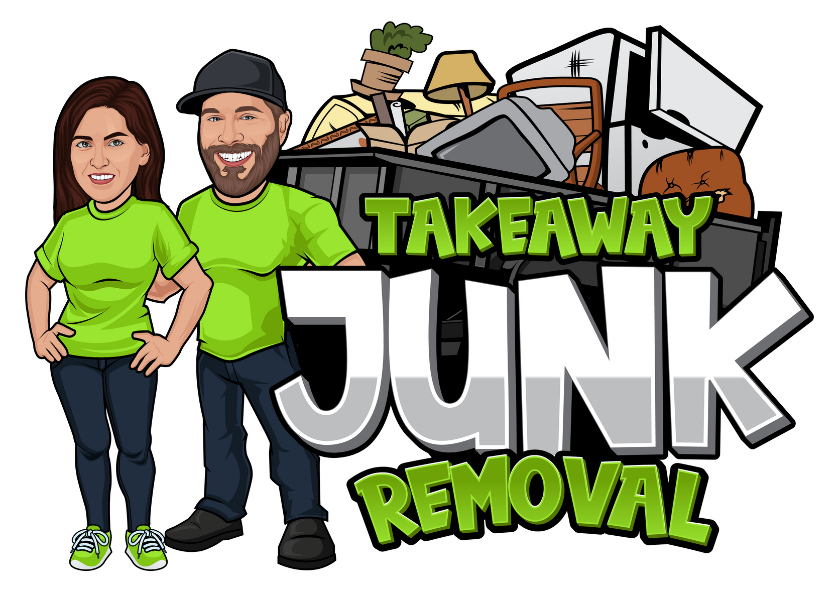 Takeaway Junk Removal logo with two smiling workers beside a junk pile and truck icon