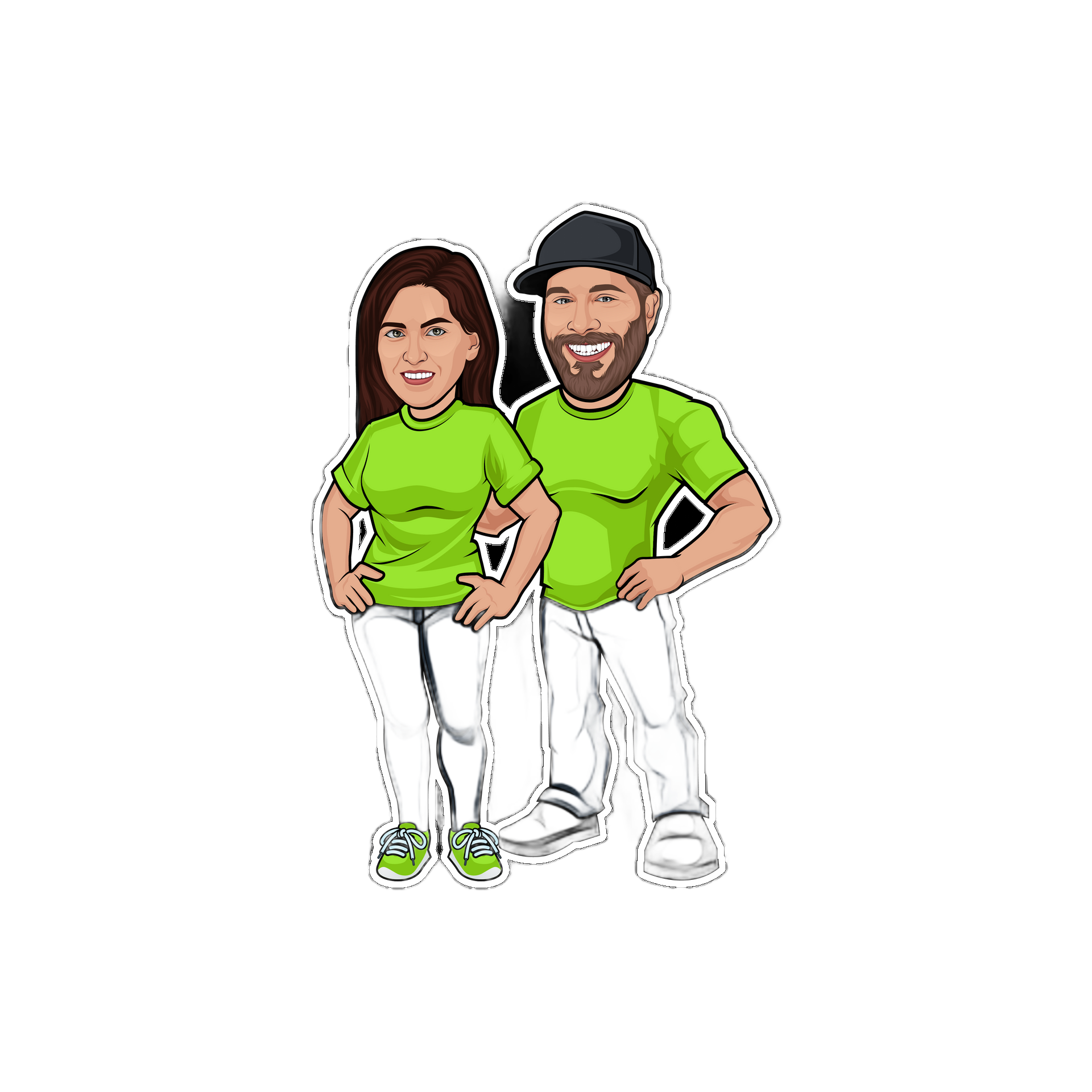 Two smiling cartoon people in green shirts and white pants standing side by side on a white background