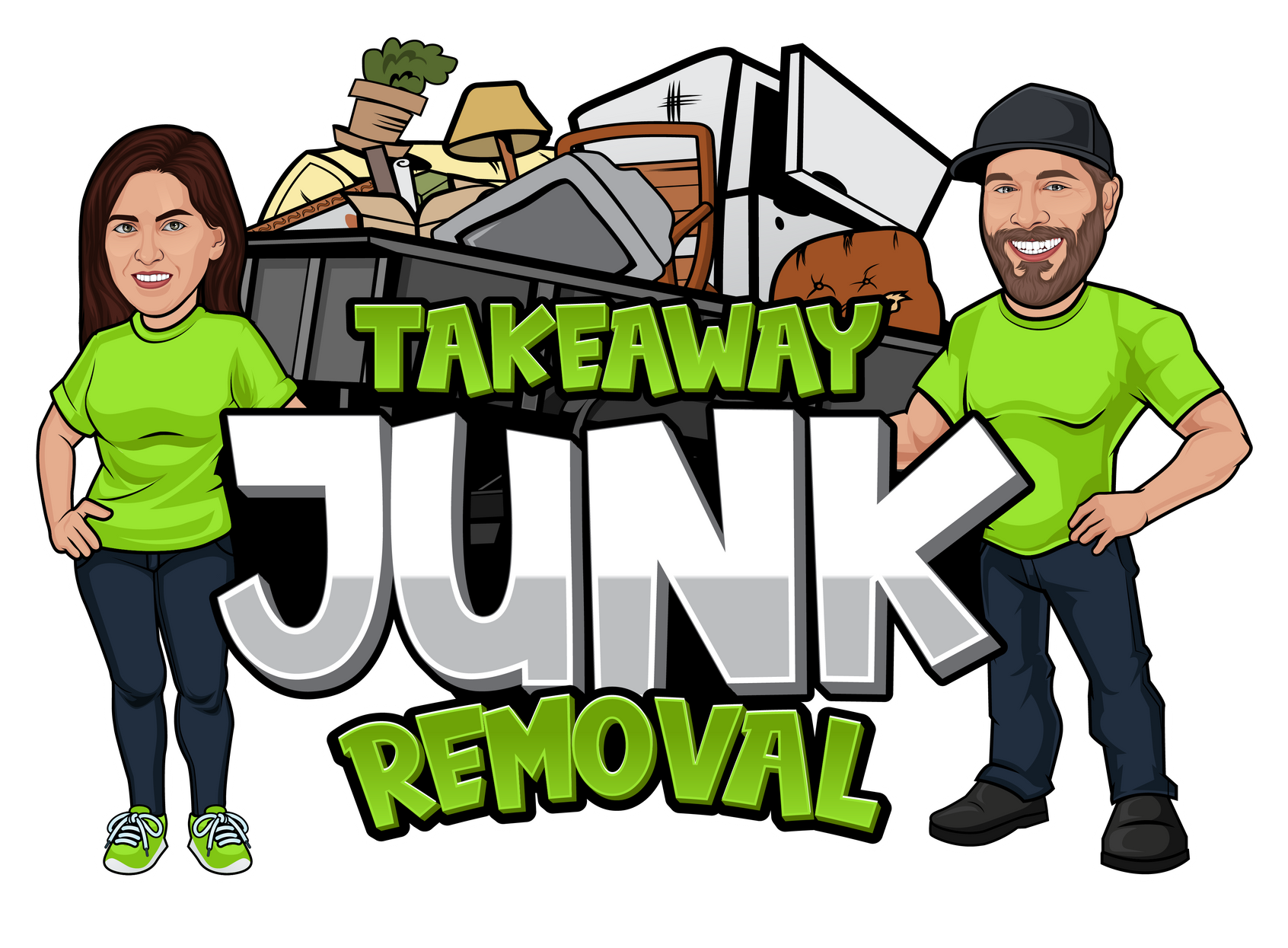 Cartoon logo for Takeaway Junk Removal with two workers, a truck, and junk debris.