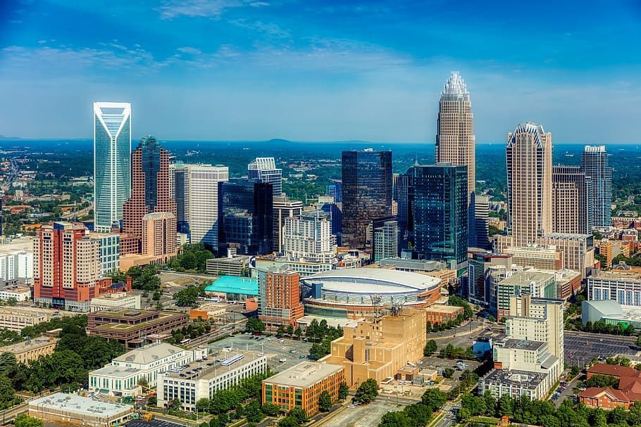 An aerial view of the city skyline of charlotte , north carolina.