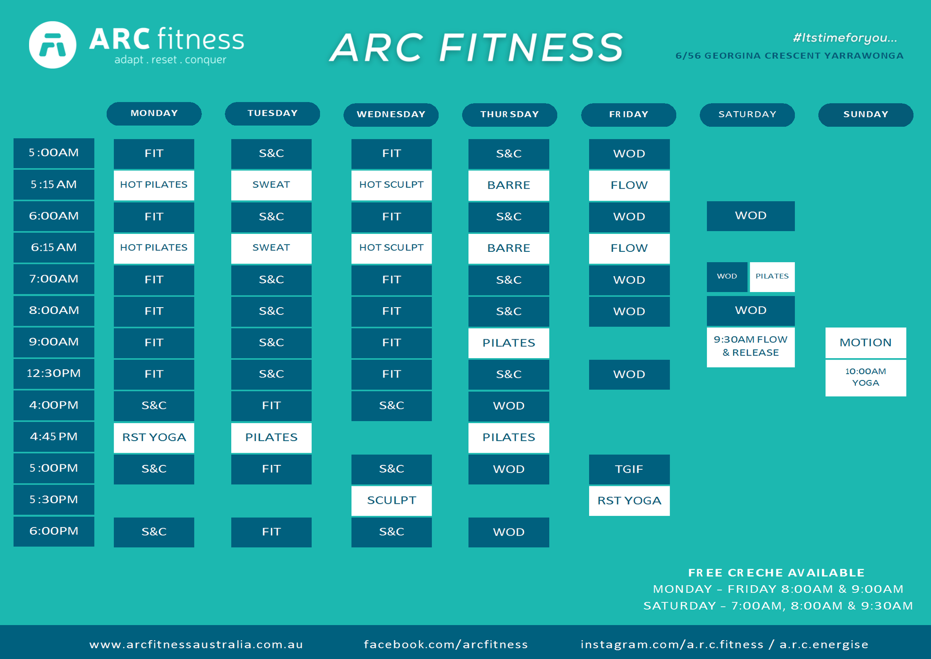 Fitness Class Timetable | ARC Fitness, Darwin NT