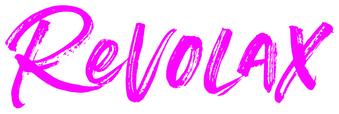 Bright pink cursive word “REVOX” on a white background