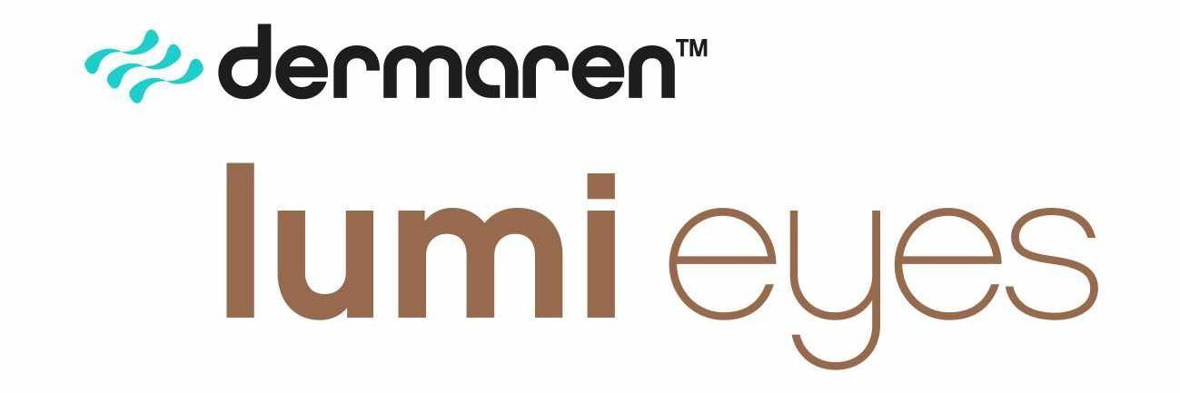 Dermaren Lumi Eyes logo with teal icon and brown text on white background