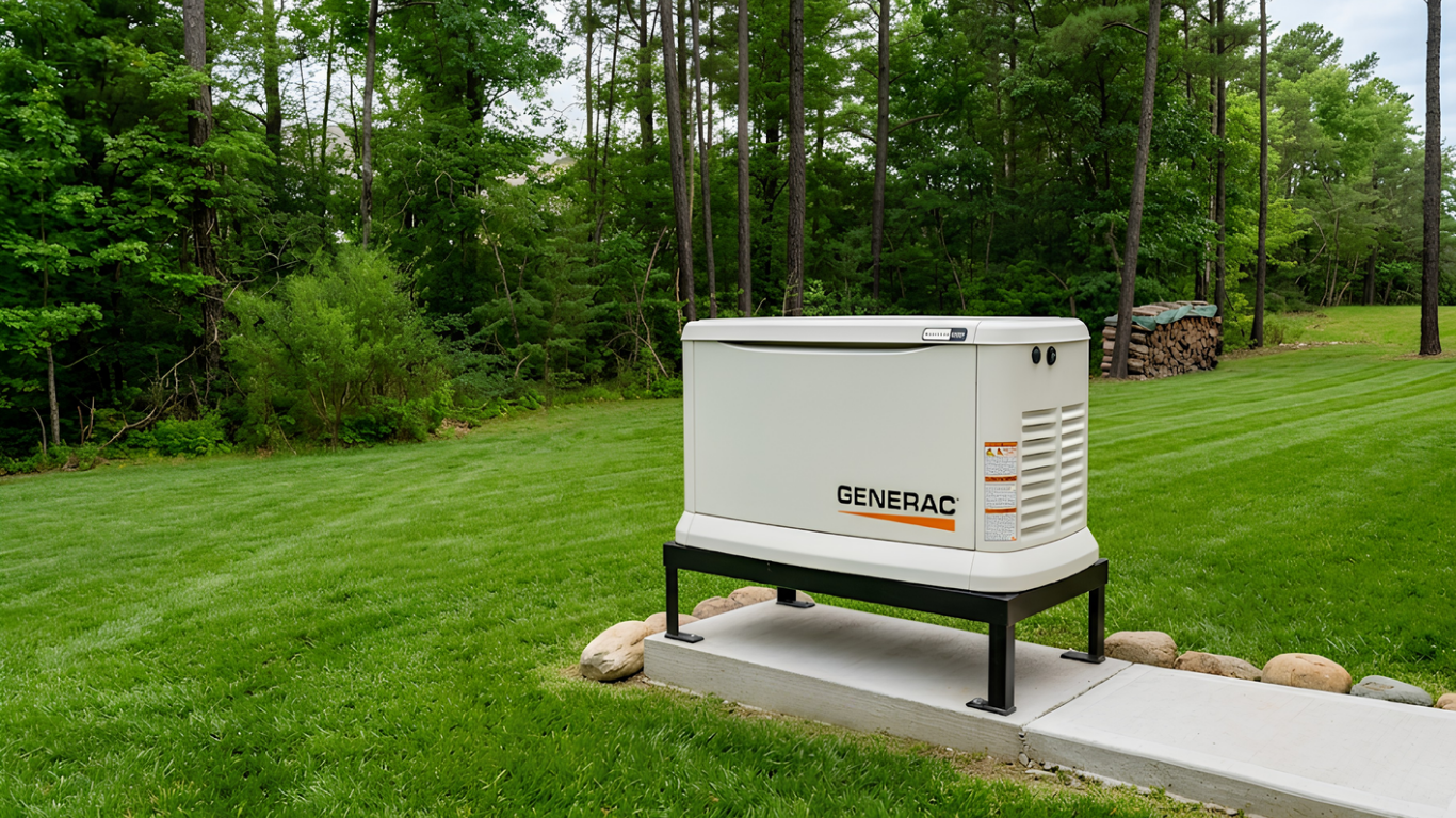 Outdoor generator on a concrete pad beside a brick house, with grass and a doorway nearby