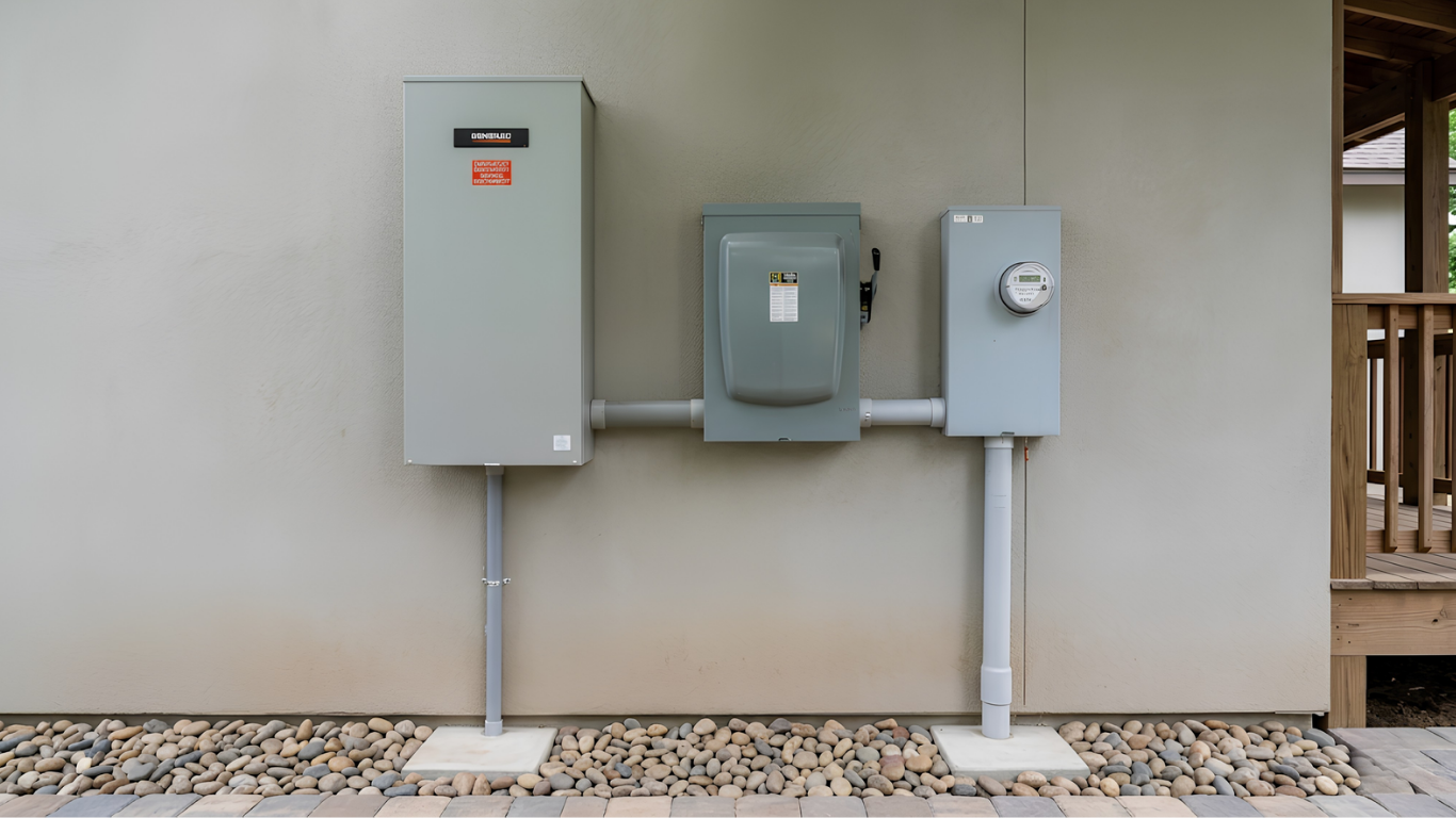 Wall-mounted electrical control panels with switches and indicators in a utility room