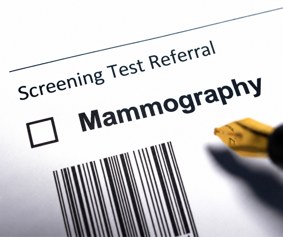 Mammography screening referral form with checkbox, barcode, and pen on the right