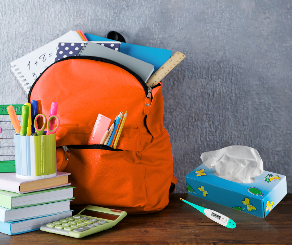 A backpack with school supplies, as well as a tissue box and thermometer