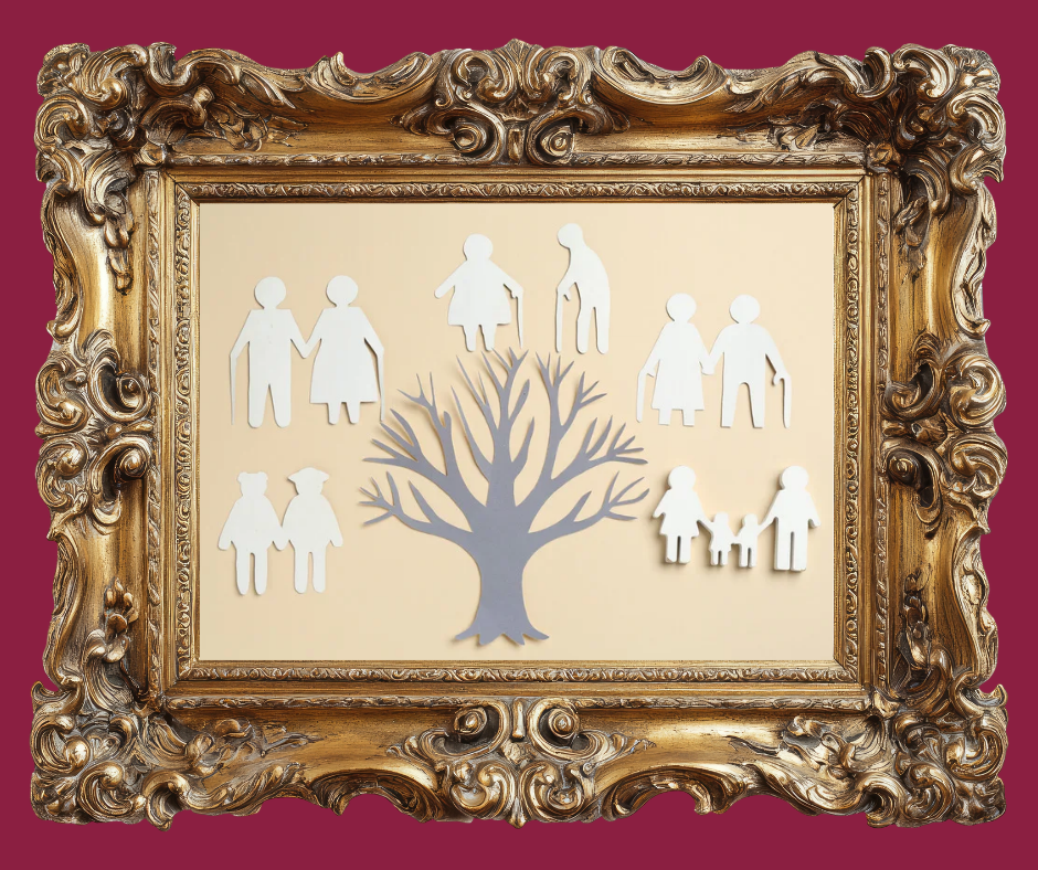 Ornate gold frame with a tree and white family silhouettes on a beige background
