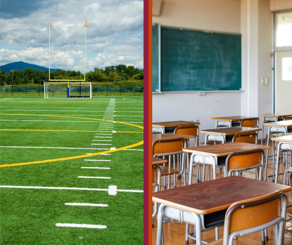 Split view of a sports field and a classroom with desks and a chalkboard