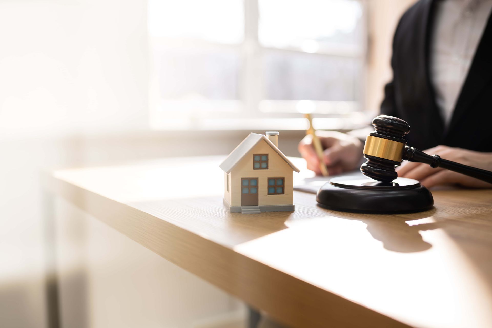 Small house model and judge’s gavel on a desk, symbolizing real estate law or home purchase decision.