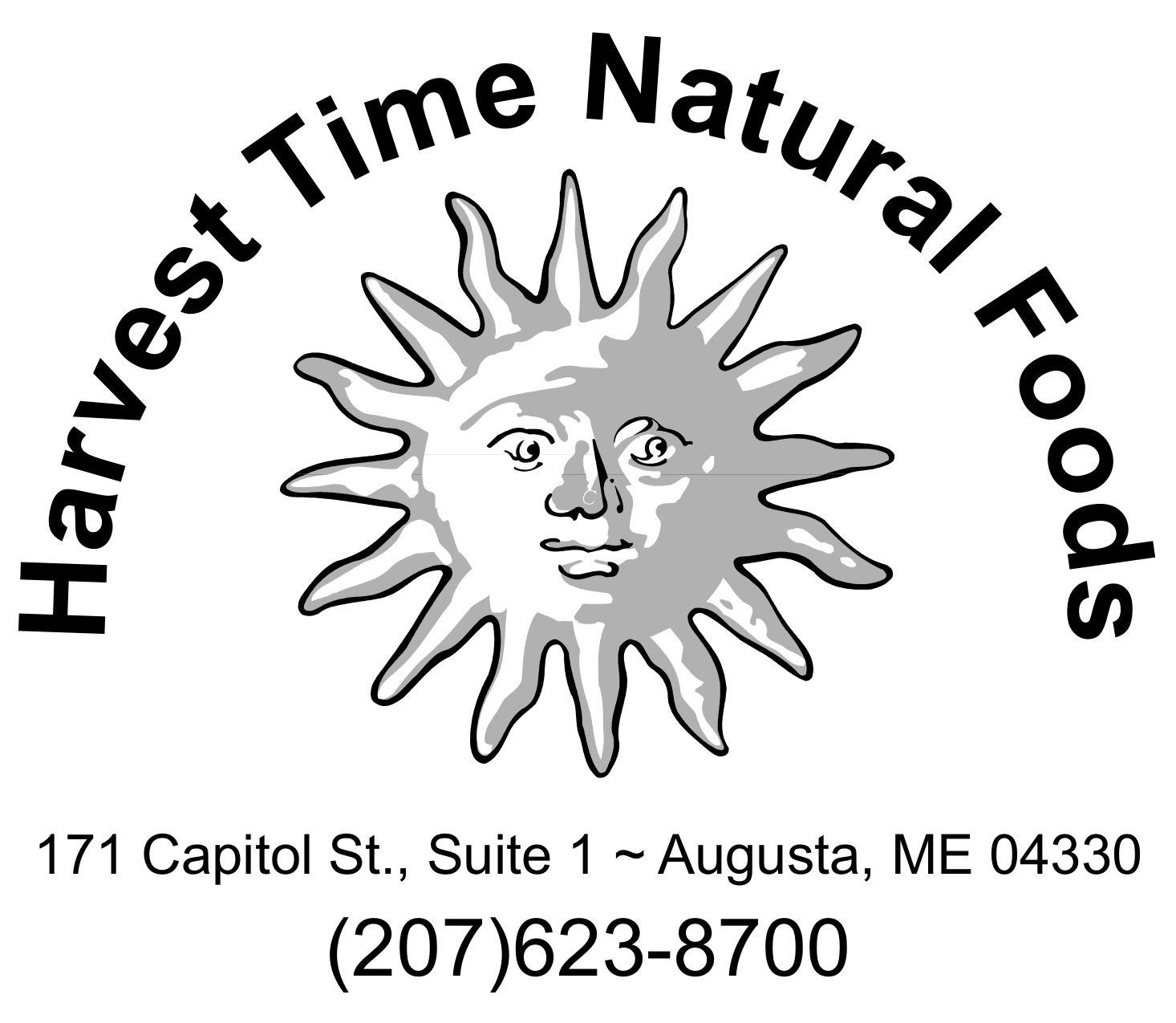 Logo for Harvest Time Natural Foods with a sun illustration, address in Augusta, ME, and phone number (207) 623-8700.