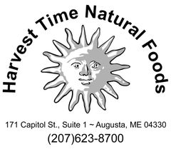 Logo for Harvest Time Natural Foods with a sun illustration, address in Augusta, ME, and phone number (207) 623-8700.