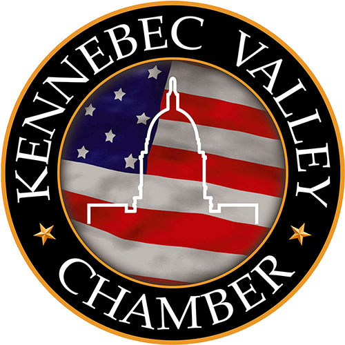 Kennebec Valley Chamber logo with U.S. flag and white capitol outline on black circular seal