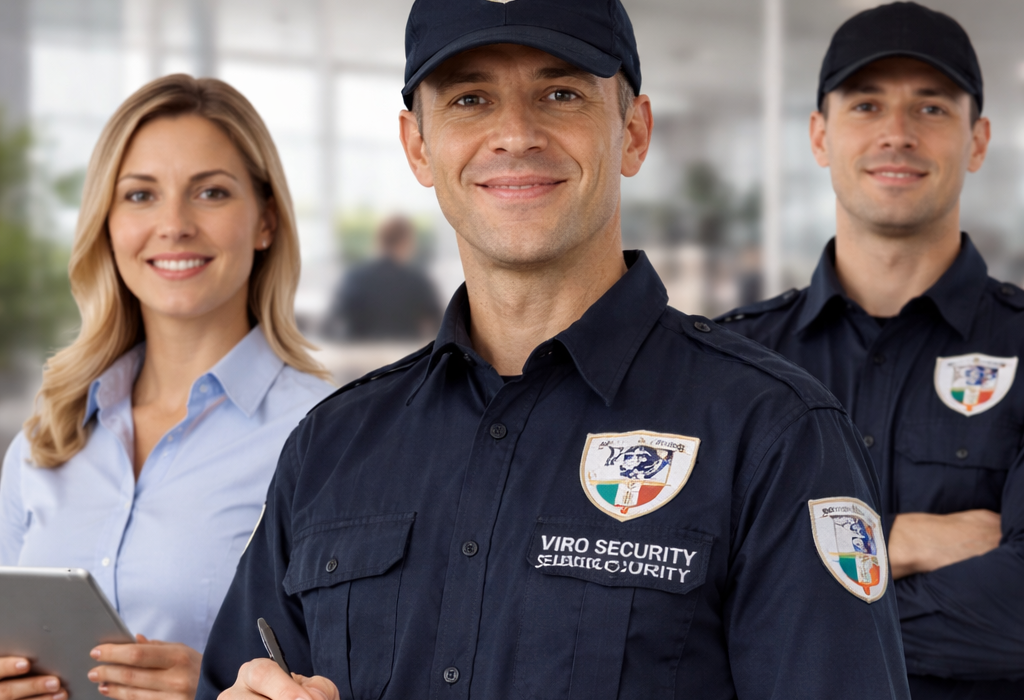 Tre persone sorridenti: una con un tablet in mano, due in uniforme da sicurezza, in un ambiente interno, con luci intense.