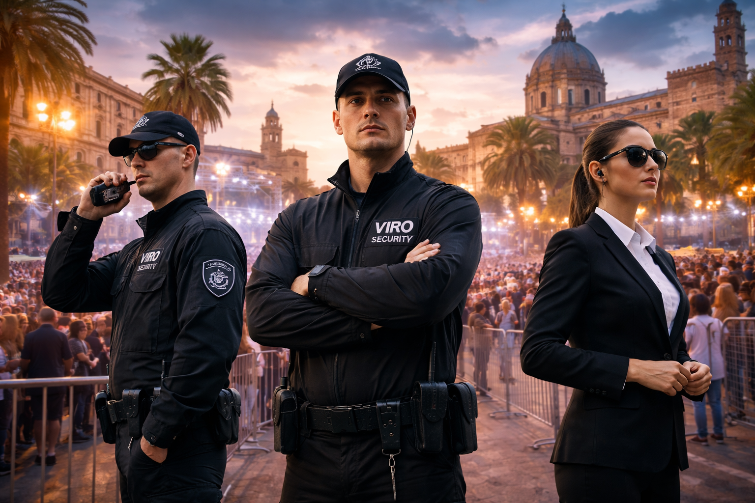 Tre addetti alla sicurezza sono in piedi di fronte a una folla. Indossano uniformi nere e sullo sfondo si vedono un edificio e delle palme.
