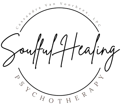 The logo for soulful healing psychotherapy is black and white.
