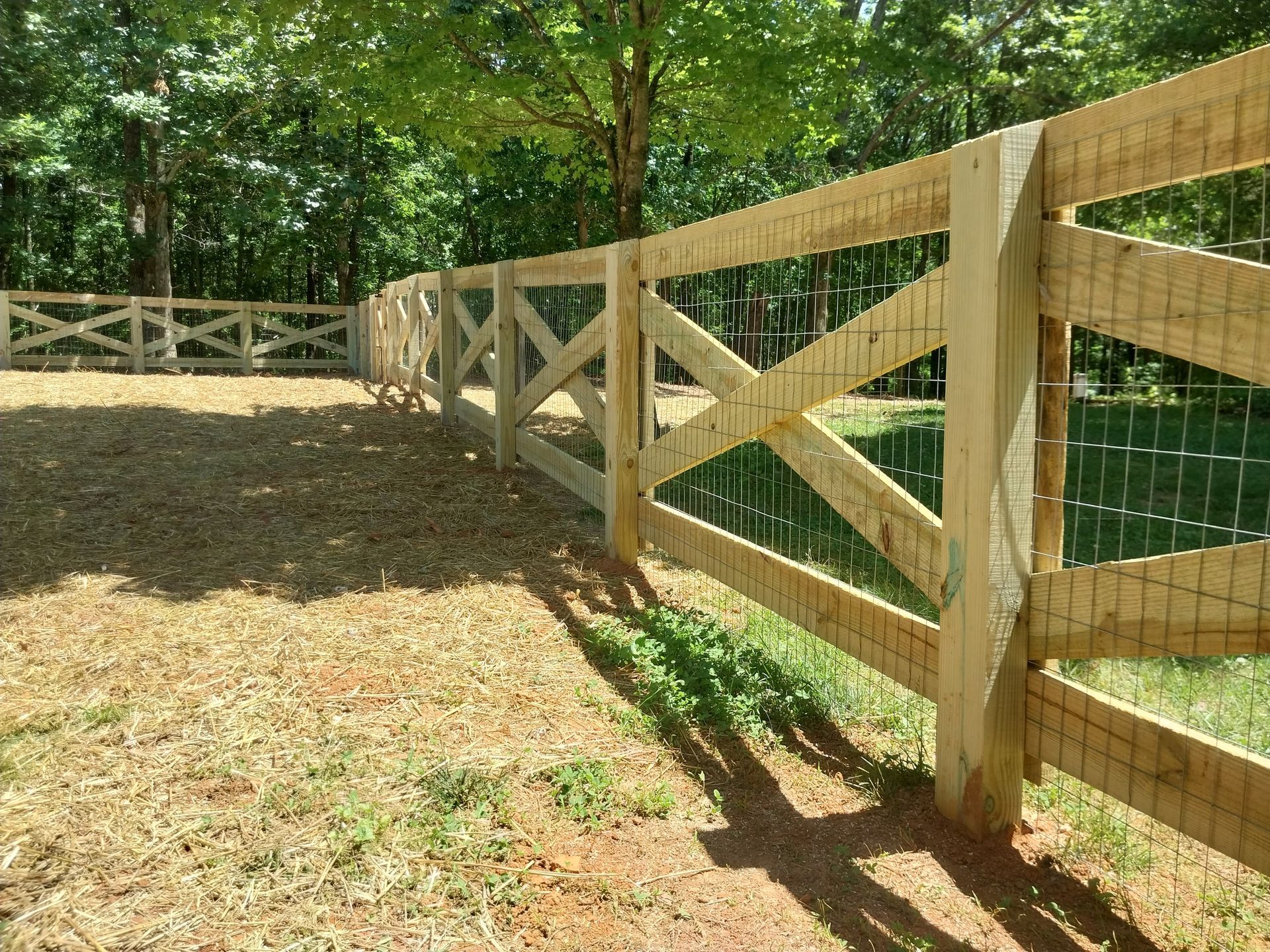 Wooden fenced paddock with cross-braced rails and wire mesh beside a wooded area