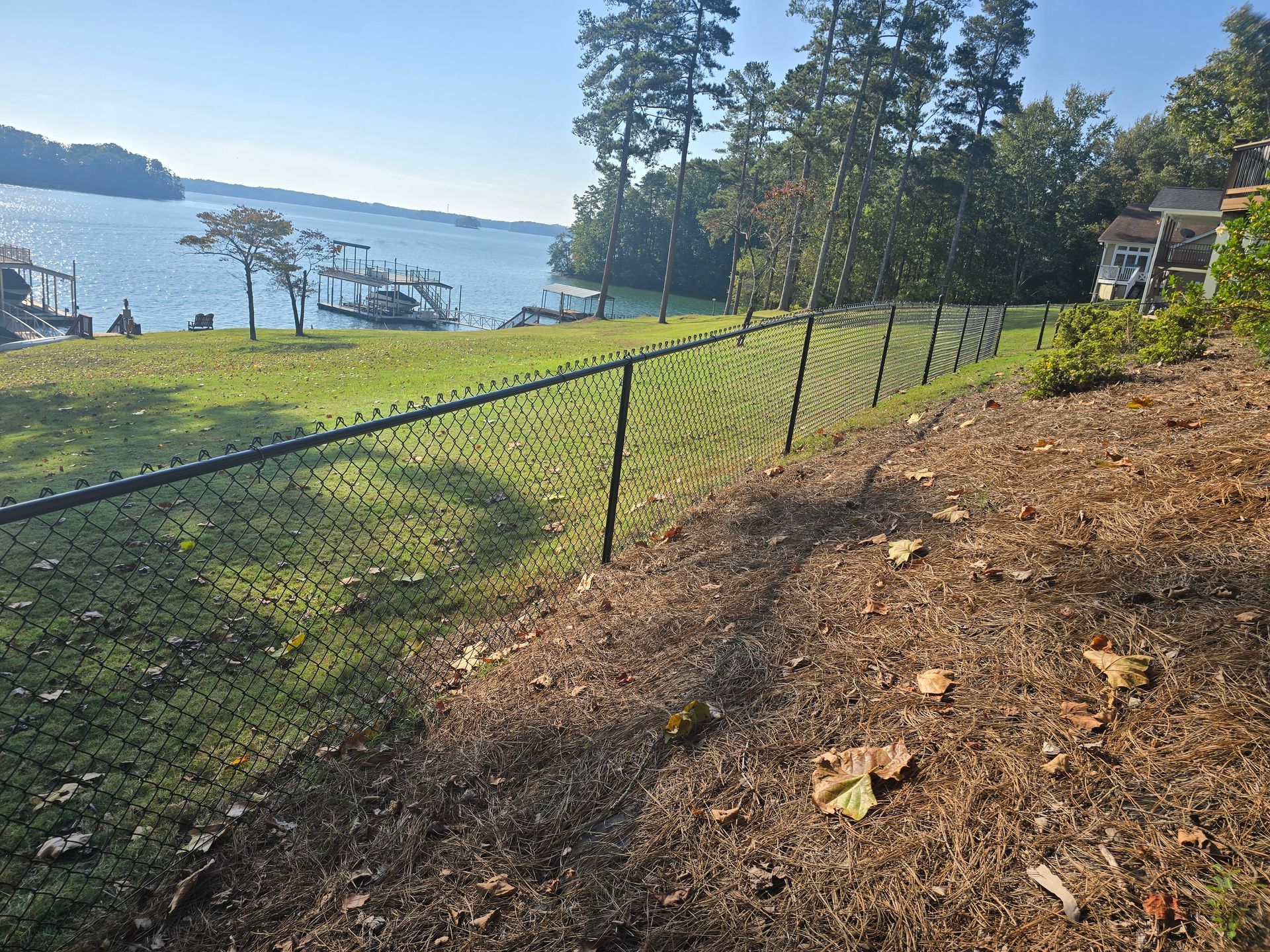 Sunlit grassy slope beside a chain-link fence overlooking a calm lake and trees