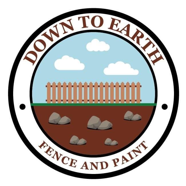 Logo for Down to Earth Fence and Paint with a tan fence, clouds, rocks, and brown soil in a circular badge